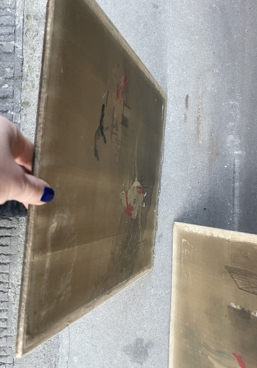 Dipinto giapponese su seta Meiji, figura femminile in kimono antico con obi rosso, 31 x 38 cm-photo-7