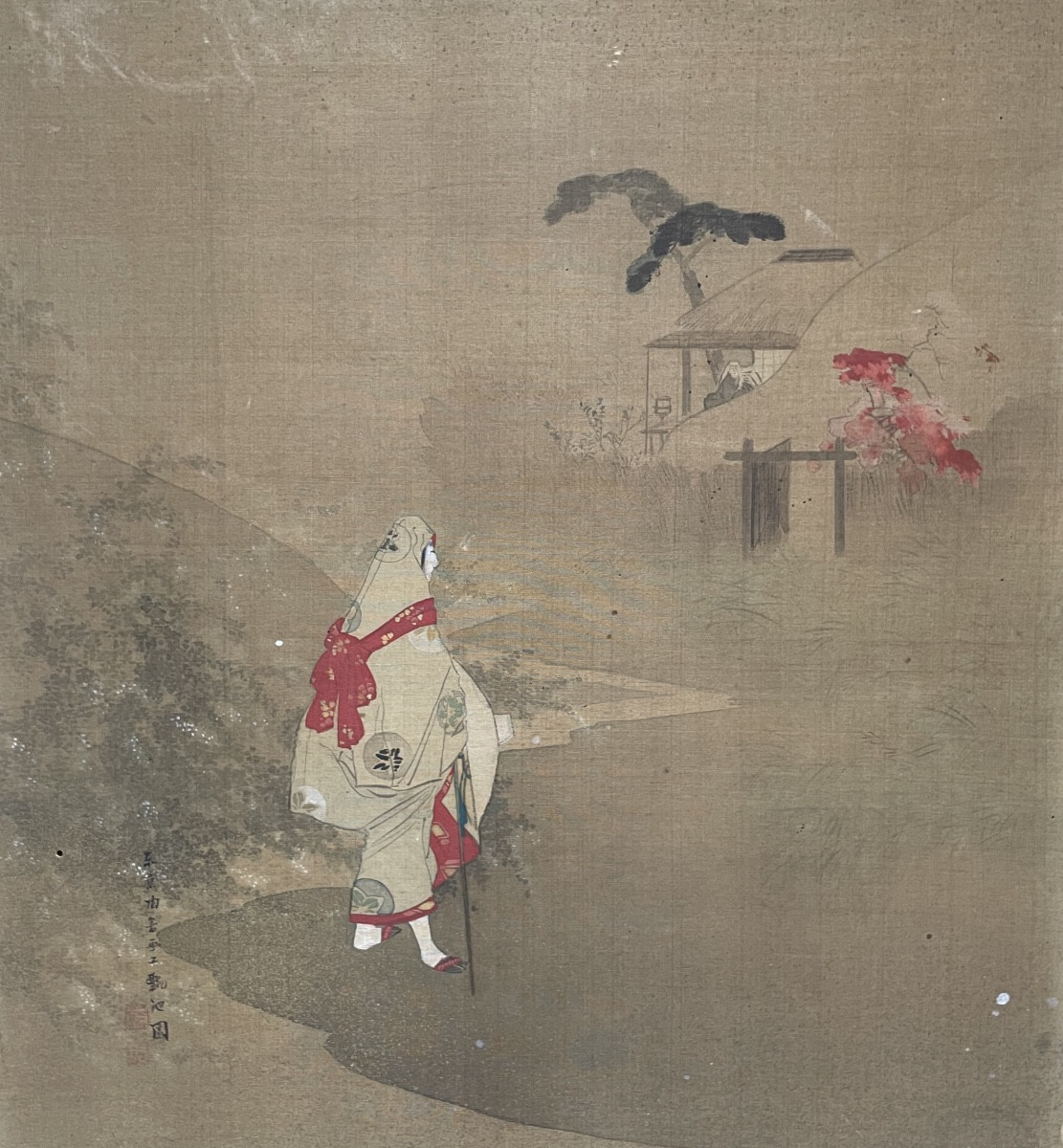 Dipinto giapponese su seta Meiji, figura femminile in kimono antico con obi rosso, 31 x 38 cm