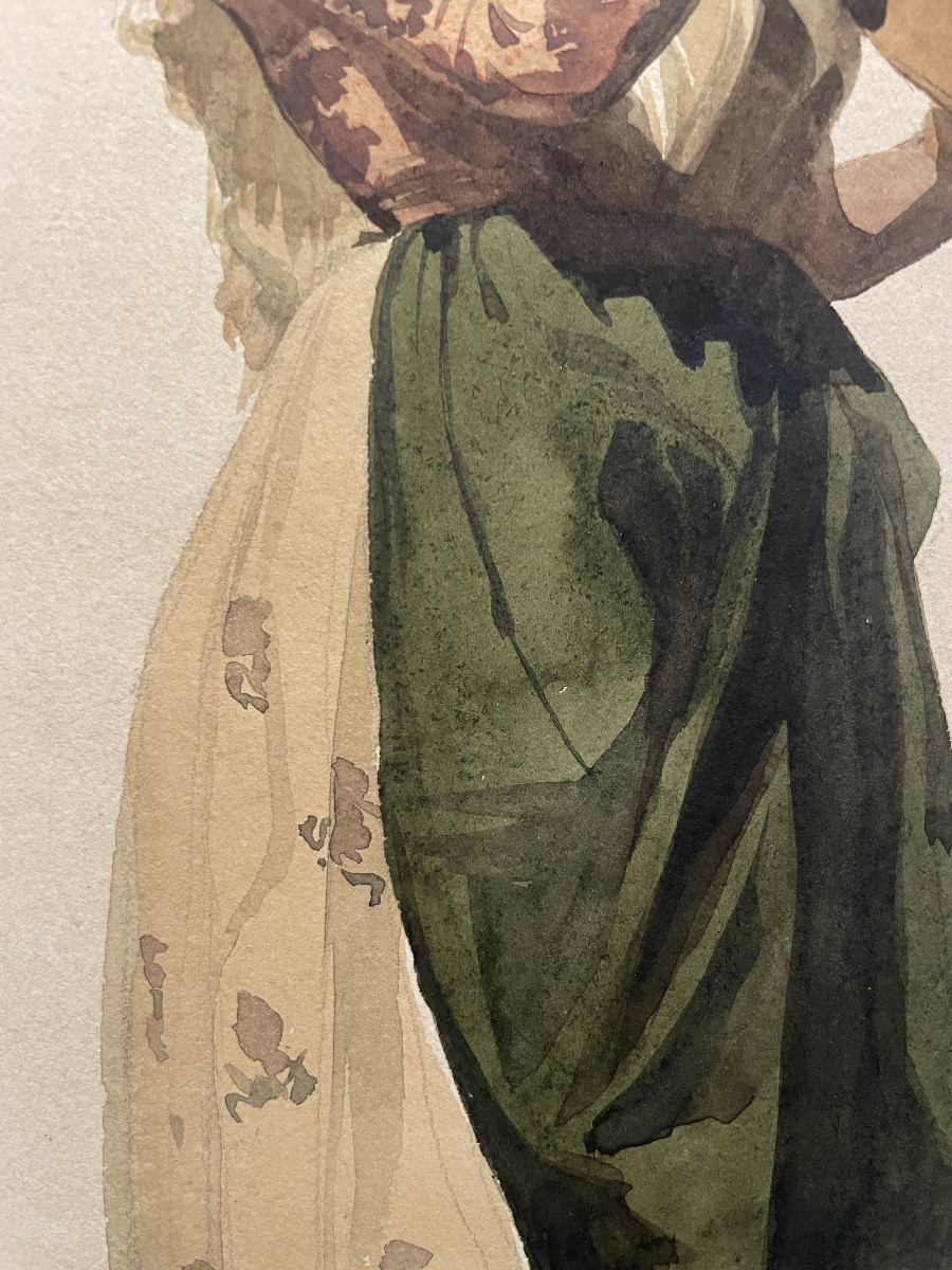 Contadina della Campagna romana, Tivoli, XIX secolo. Acquarello.  Cm 29 x 21,5-photo-1