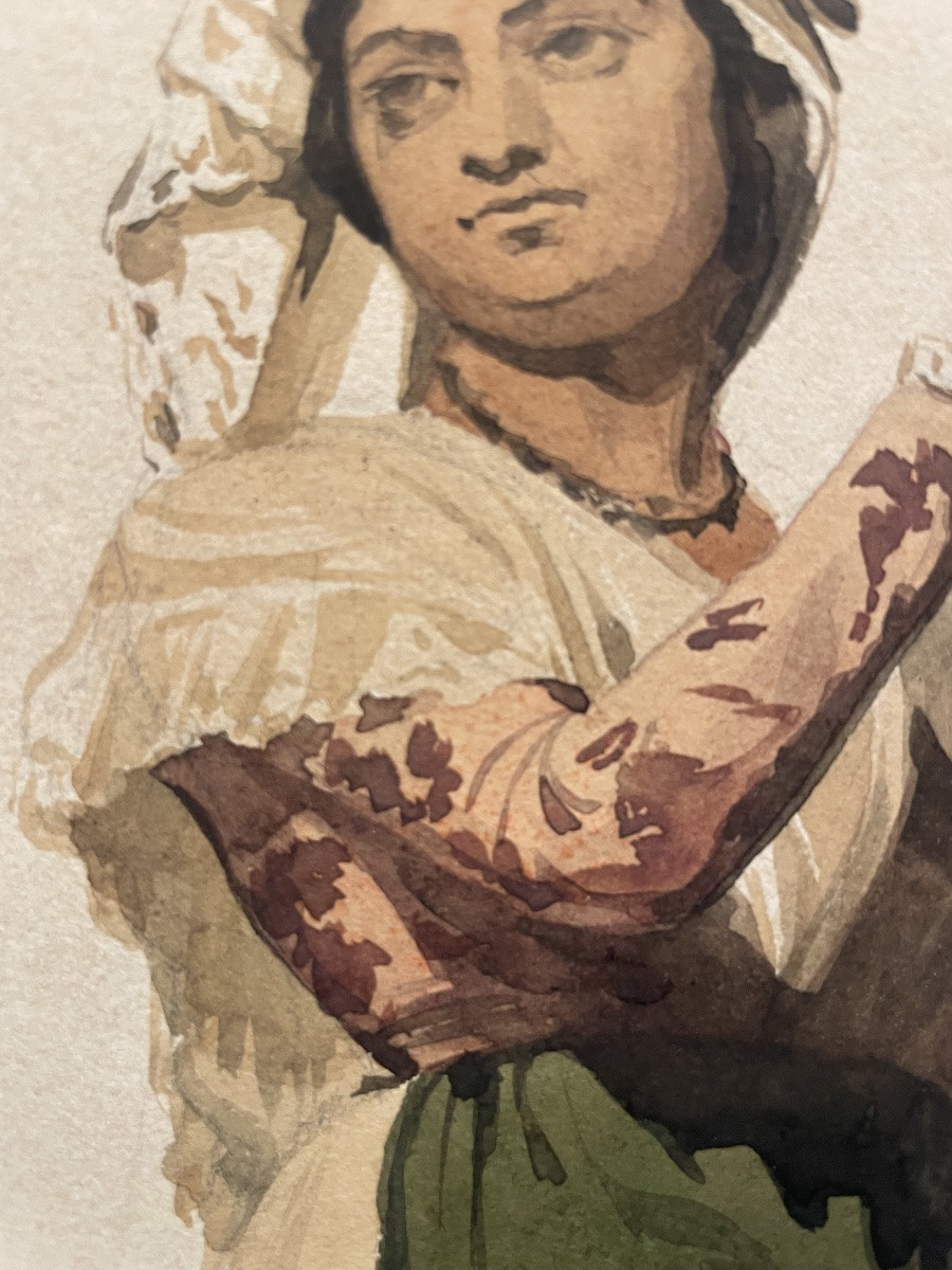 Contadina della Campagna romana, Tivoli, XIX secolo. Acquarello.  Cm 29 x 21,5-photo-3