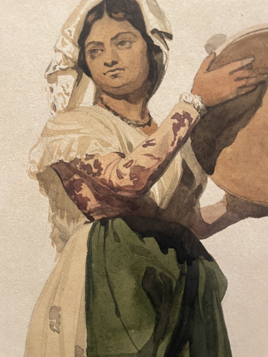 Contadina della Campagna romana, Tivoli, XIX secolo. Acquarello.  Cm 29 x 21,5-photo-5
