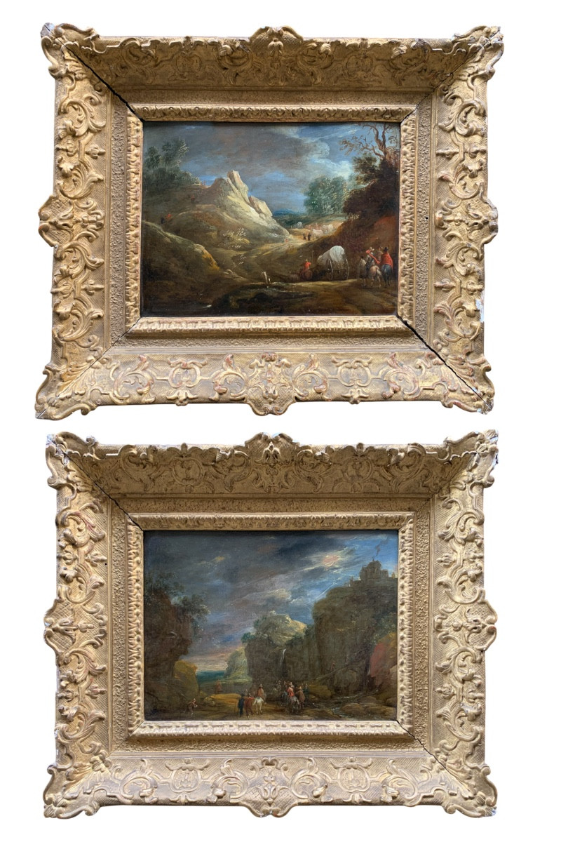 Coppia dipinti su rame, marcia militare con cavalleria. Adam Frans van der Meulen, XVII secolo