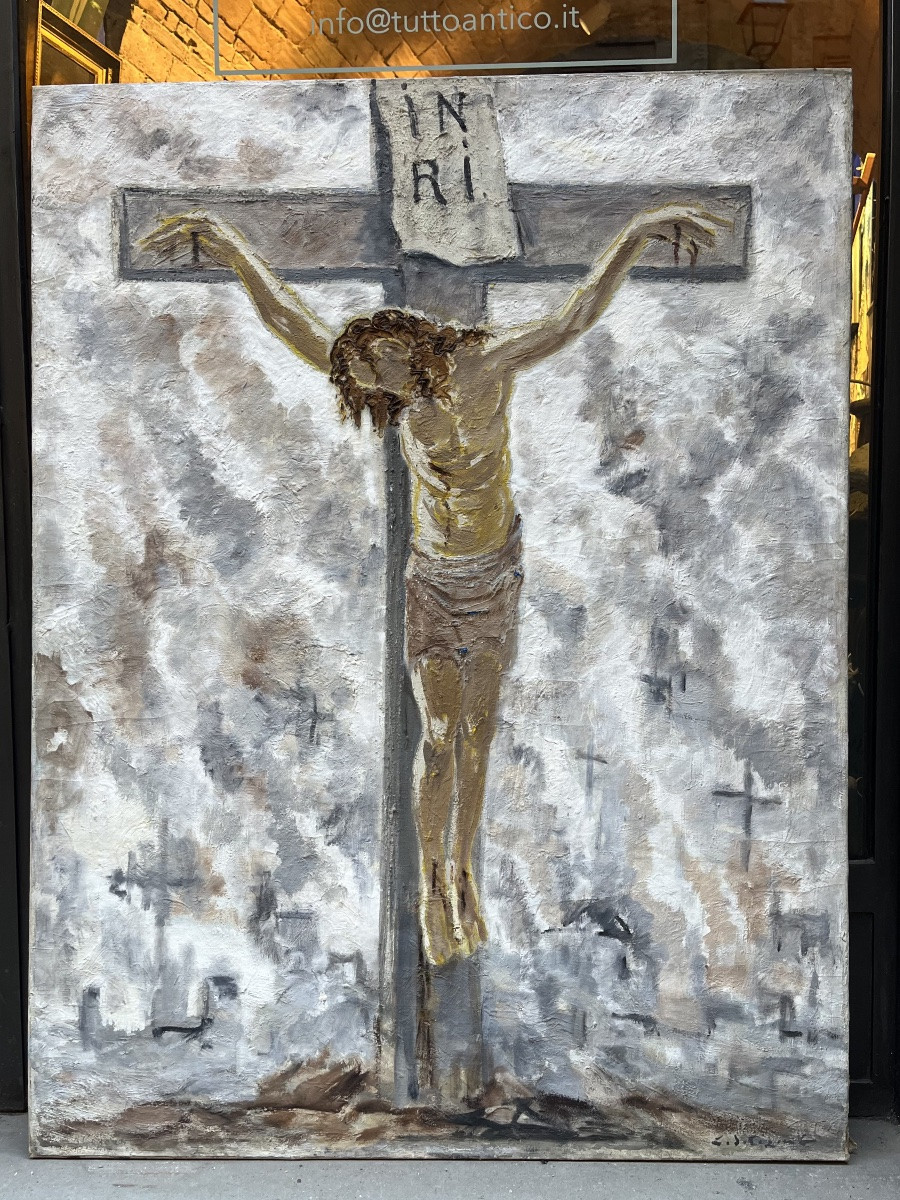 Sologub Leonid Romanovič (Ejsk 1884 – L’Aia 1956), Crocefissione, olio su tela, firmato -photo-5