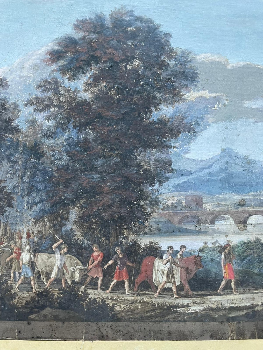 Gouache neoclassica con tempio rotondo, ponte e sarcofago, gusto Grand Tour-photo-3