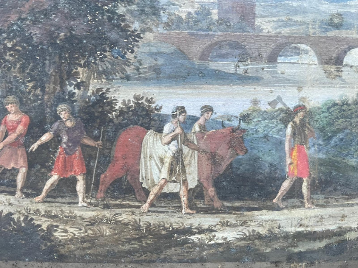 Gouache neoclassica con tempio rotondo, ponte e sarcofago, gusto Grand Tour-photo-2