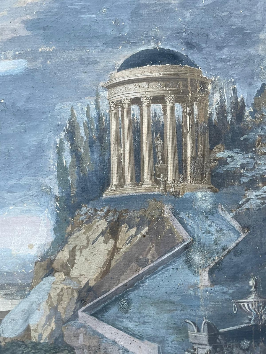 Gouache neoclassica con tempio rotondo, ponte e sarcofago, gusto Grand Tour-photo-4