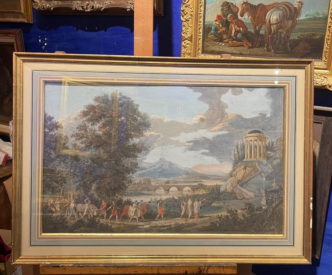 Gouache neoclassica con tempio rotondo, ponte e sarcofago, gusto Grand Tour-photo-2
