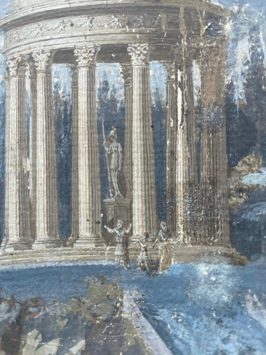Gouache neoclassica con tempio rotondo, ponte e sarcofago, gusto Grand Tour-photo-3