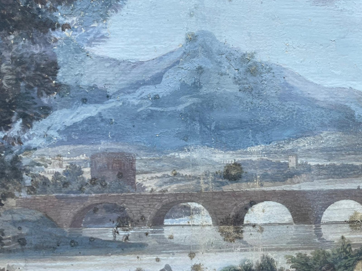 Gouache neoclassica con tempio rotondo, ponte e sarcofago, gusto Grand Tour-photo-4