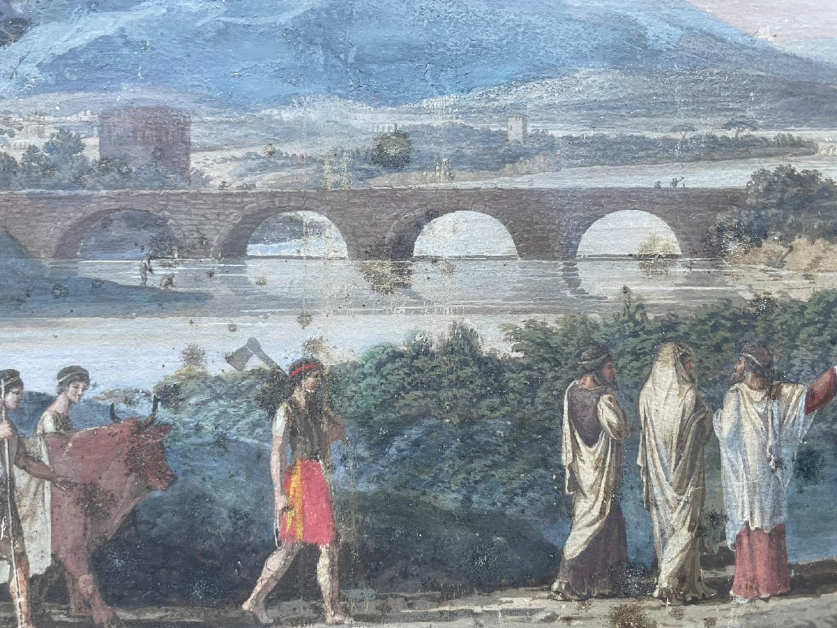 Gouache neoclassica con tempio rotondo, ponte e sarcofago, gusto Grand Tour-photo-8
