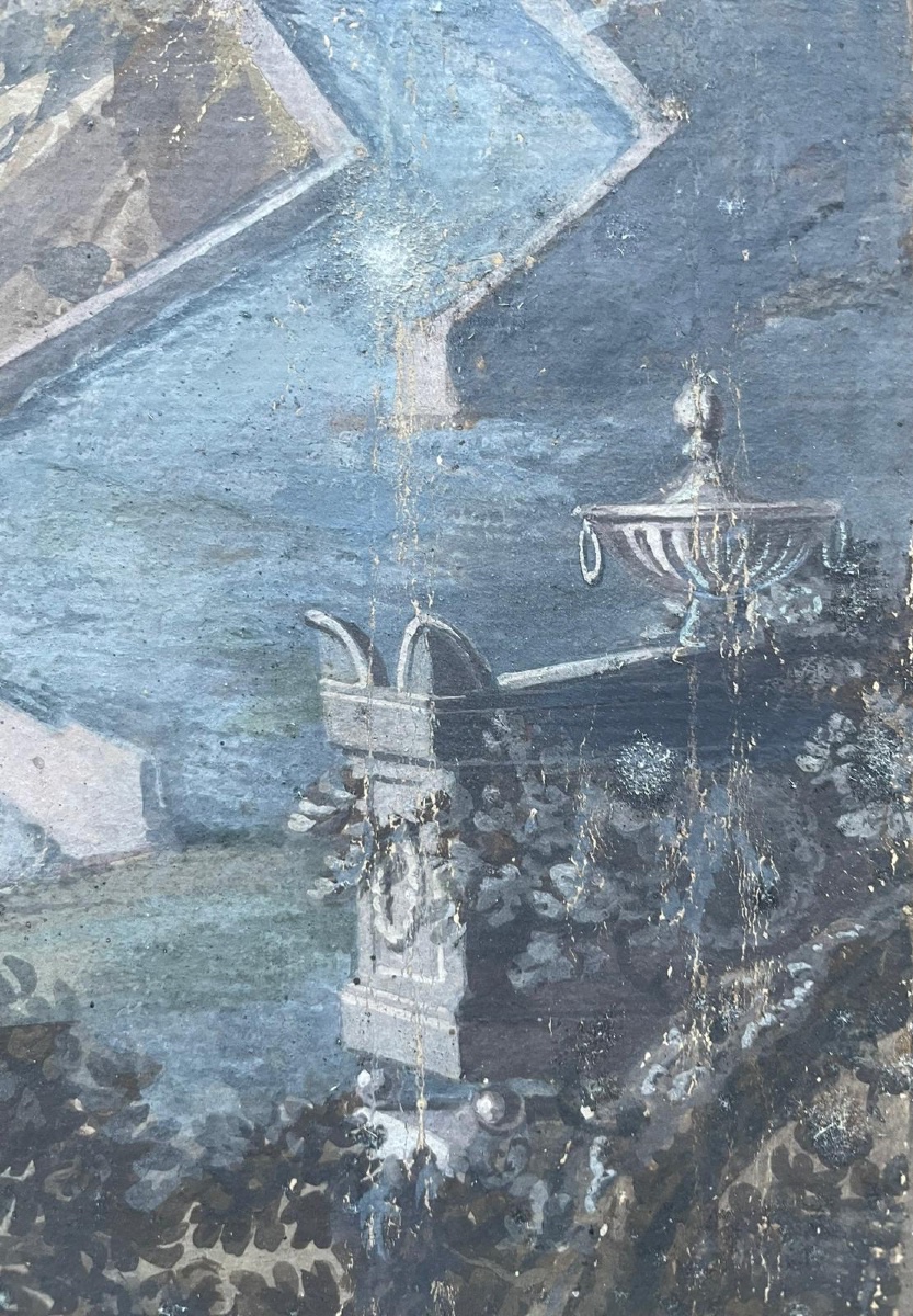 Gouache neoclassica con tempio rotondo, ponte e sarcofago, gusto Grand Tour-photo-5