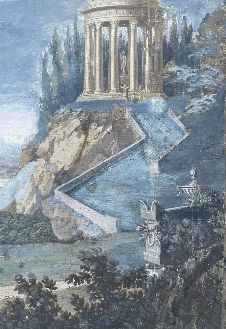 Gouache neoclassica con tempio rotondo, ponte e sarcofago, gusto Grand Tour-photo-6