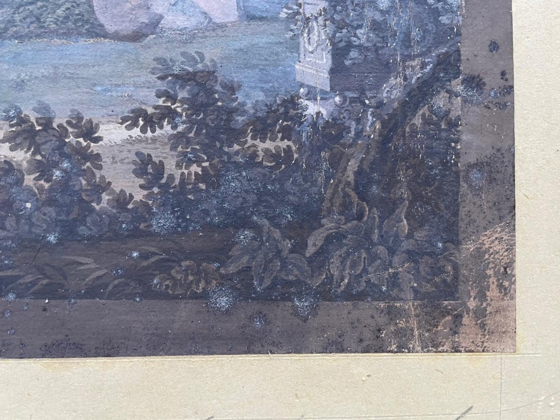 Gouache neoclassica con tempio rotondo, ponte e sarcofago, gusto Grand Tour-photo-7