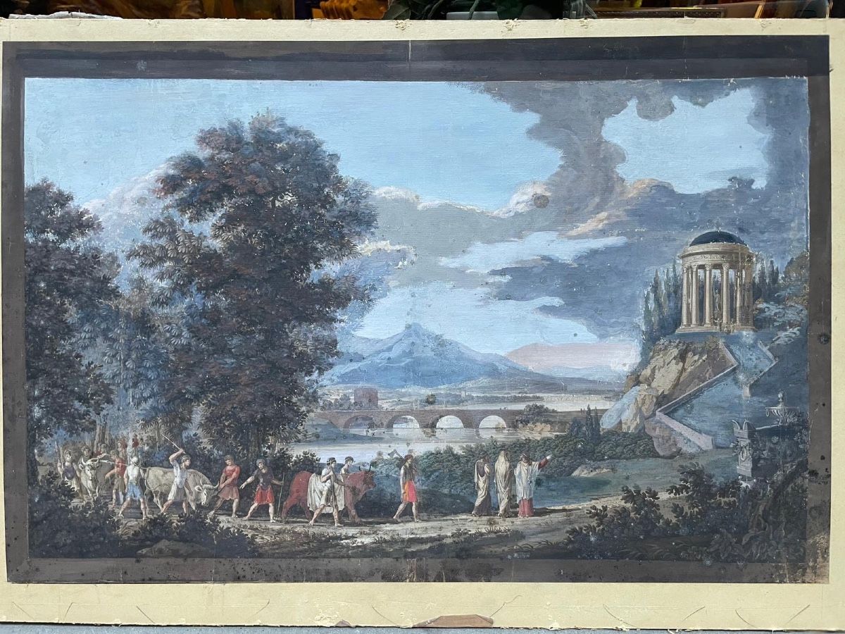 Gouache neoclassica con tempio rotondo, ponte e sarcofago, gusto Grand Tour