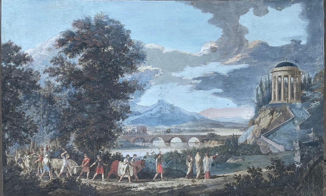Gouache neoclassica con tempio rotondo, ponte e sarcofago, gusto Grand Tour