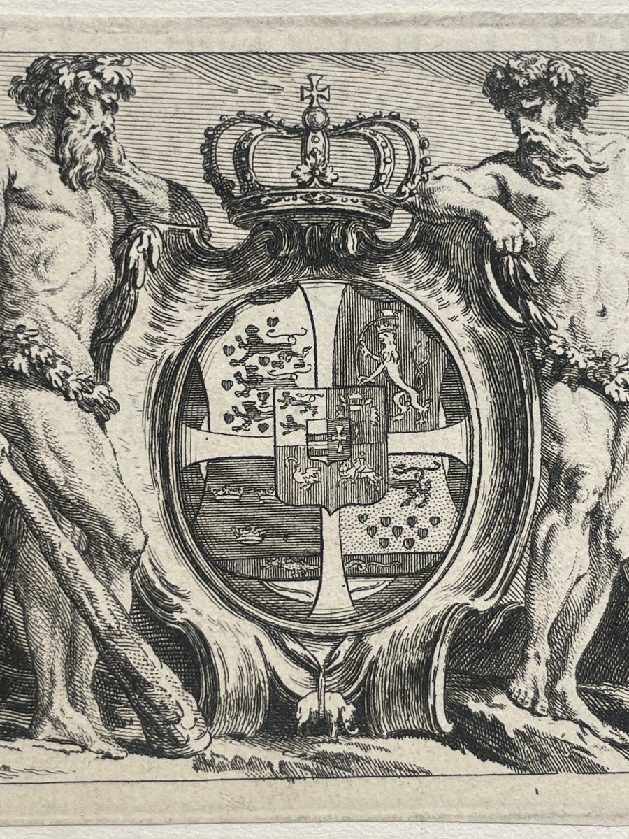 Stemma reale di Danimarca con Ordine dell’Elefante, incisione XVII secolo -photo-2