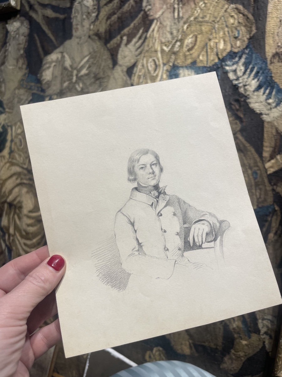 Ritratto giovane uomo cravatta a stock, disegno a grafite, Restaurazione XIX secolo -photo-2