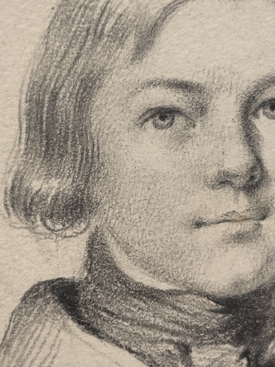 Ritratto giovane uomo cravatta a stock, disegno a grafite, Restaurazione XIX secolo -photo-3