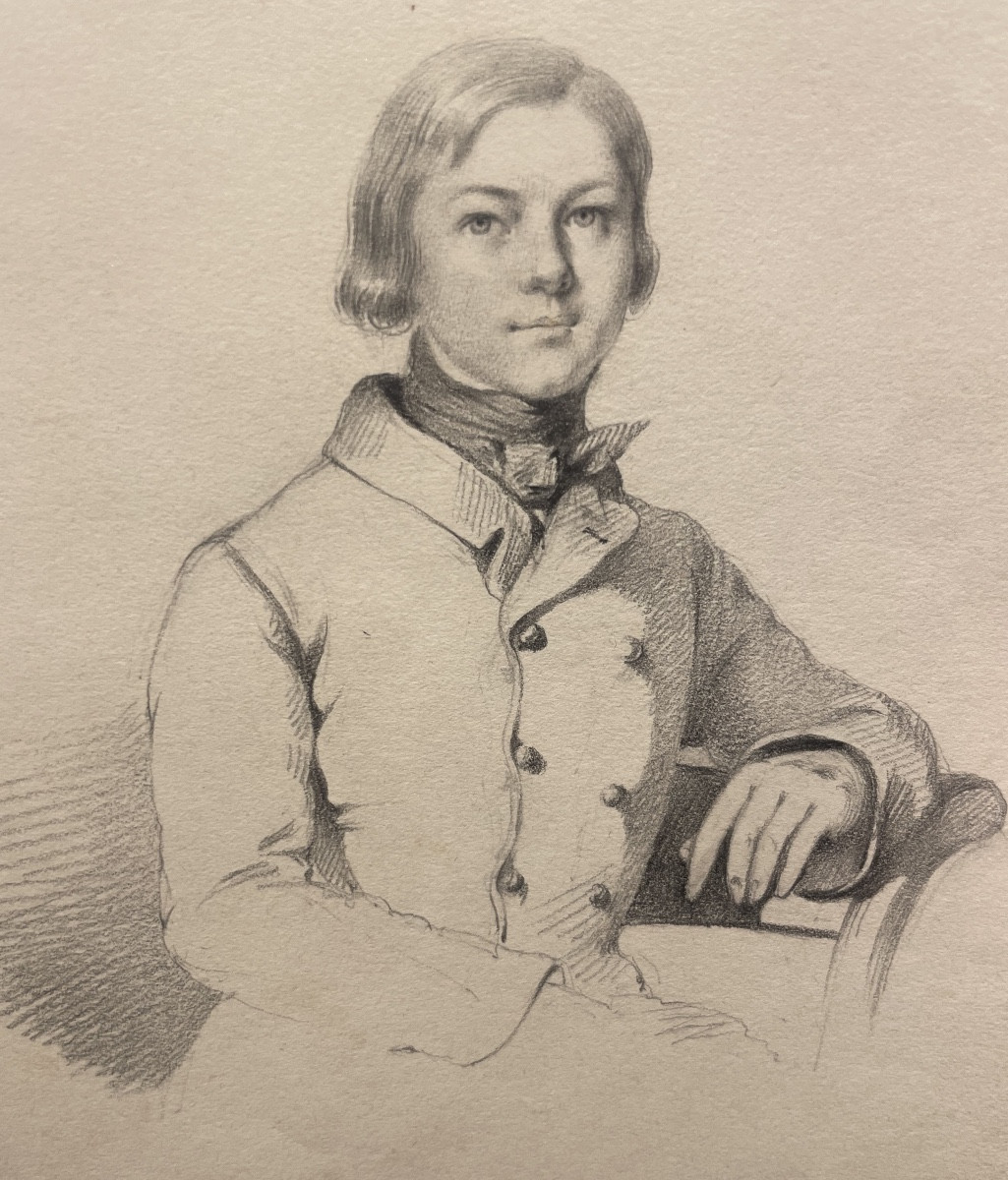 Ritratto giovane uomo cravatta a stock, disegno a grafite, Restaurazione XIX secolo 