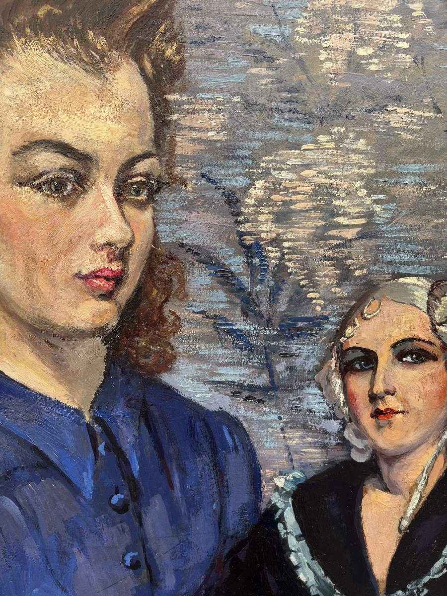 Ritratto Art Déco di giovane donna con bambola boudoir, 1943. Cm 91 x 63-photo-2