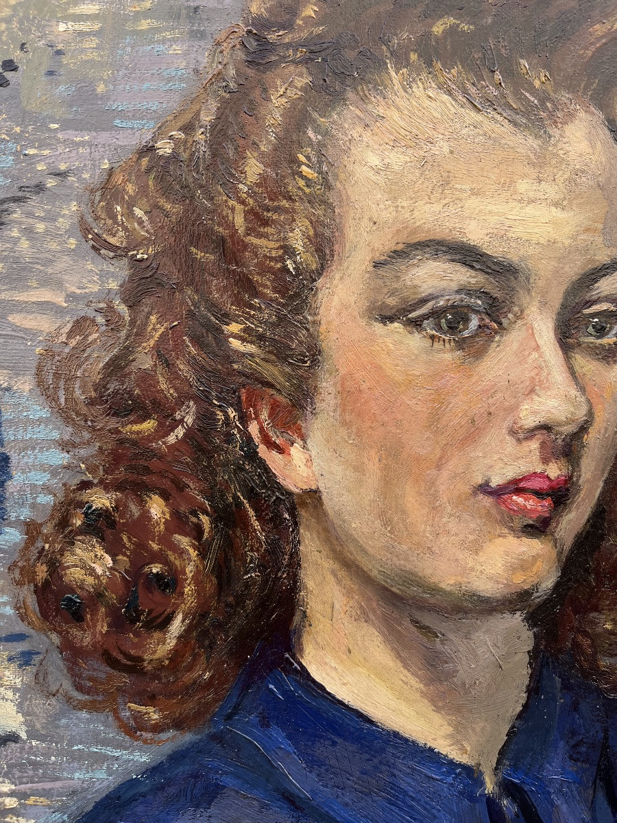 Ritratto Art Déco di giovane donna con bambola boudoir, 1943. Cm 91 x 63-photo-1