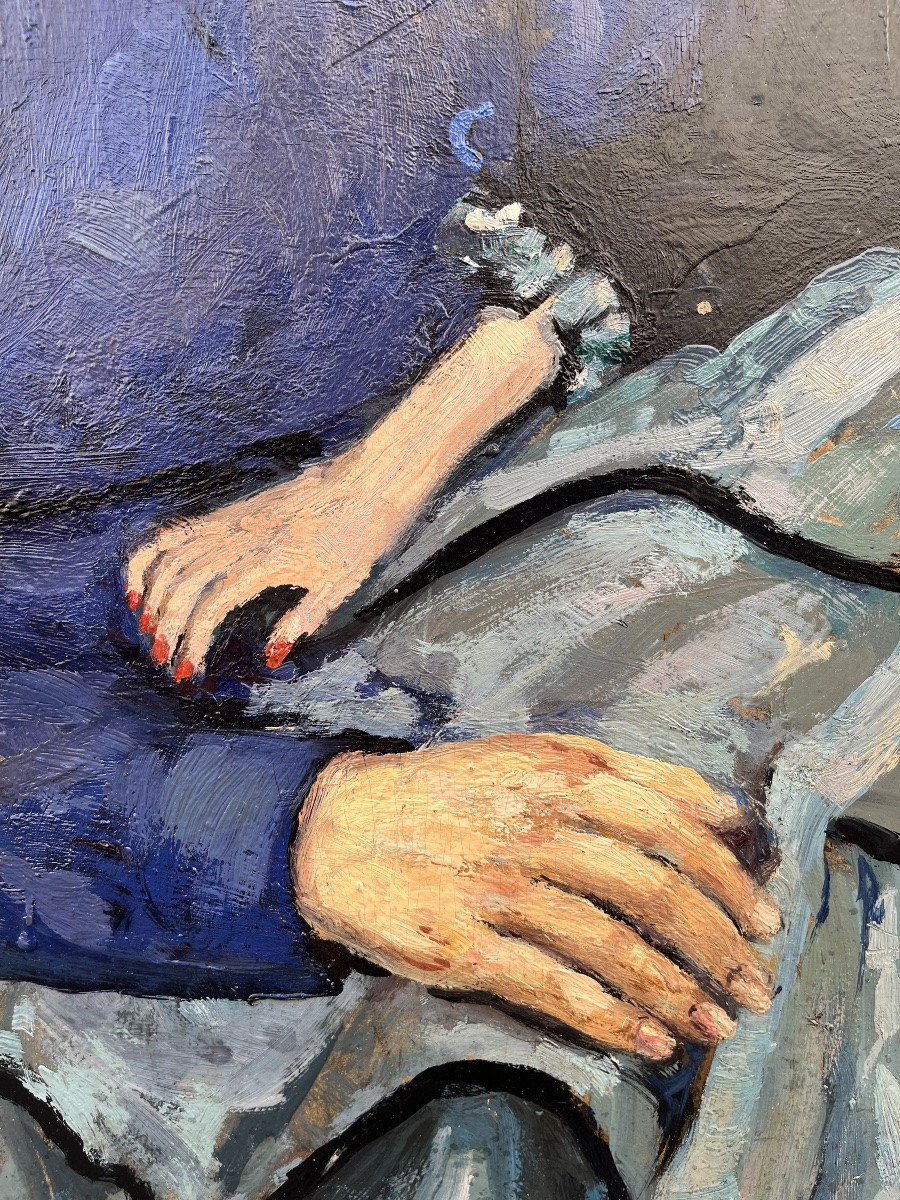 Ritratto Art Déco di giovane donna con bambola boudoir, 1943. Cm 91 x 63-photo-2