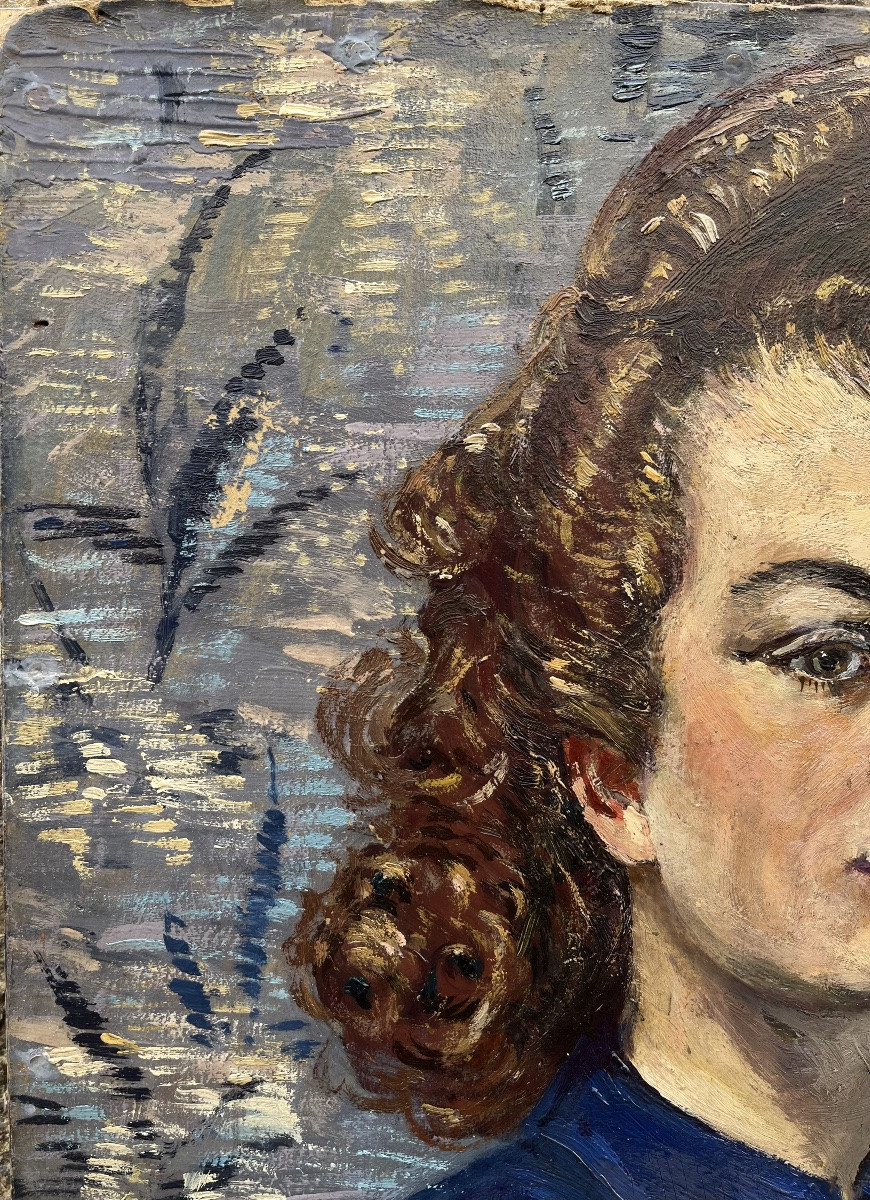 Ritratto Art Déco di giovane donna con bambola boudoir, 1943. Cm 91 x 63-photo-3