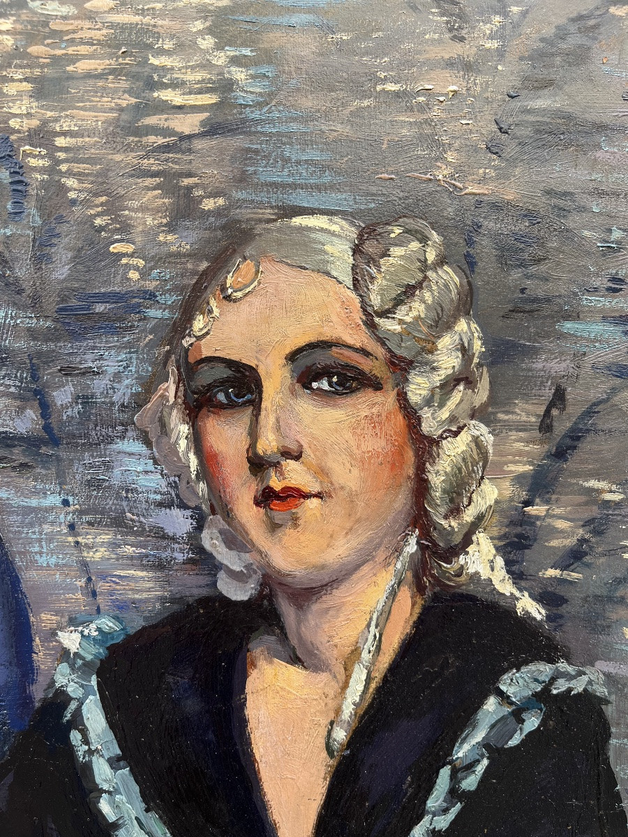 Ritratto Art Déco di giovane donna con bambola boudoir, 1943. Cm 91 x 63-photo-4