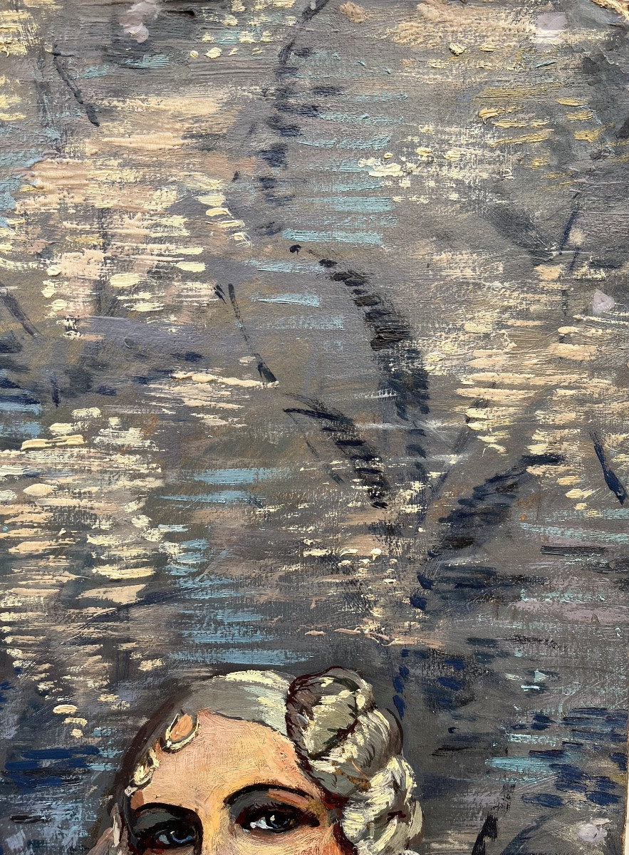 Ritratto Art Déco di giovane donna con bambola boudoir, 1943. Cm 91 x 63-photo-5