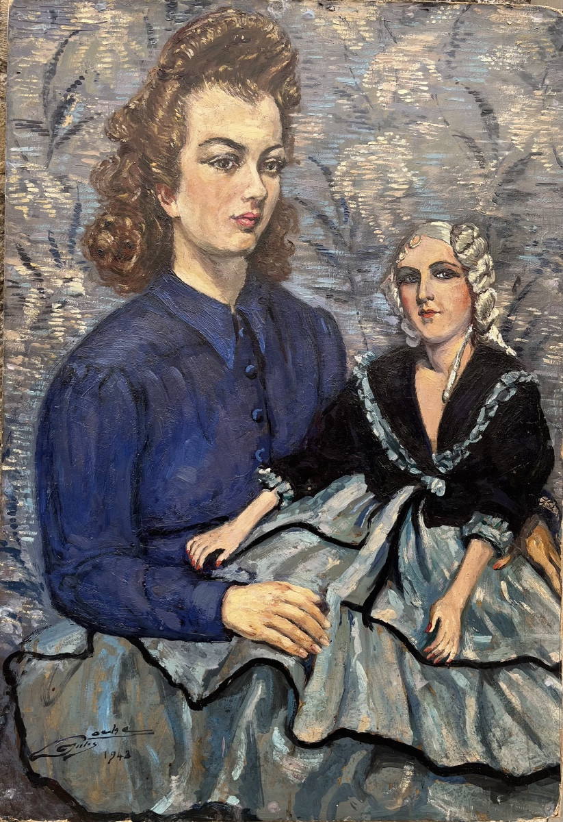 Ritratto Art Déco di giovane donna con bambola boudoir, 1943. Cm 91 x 63