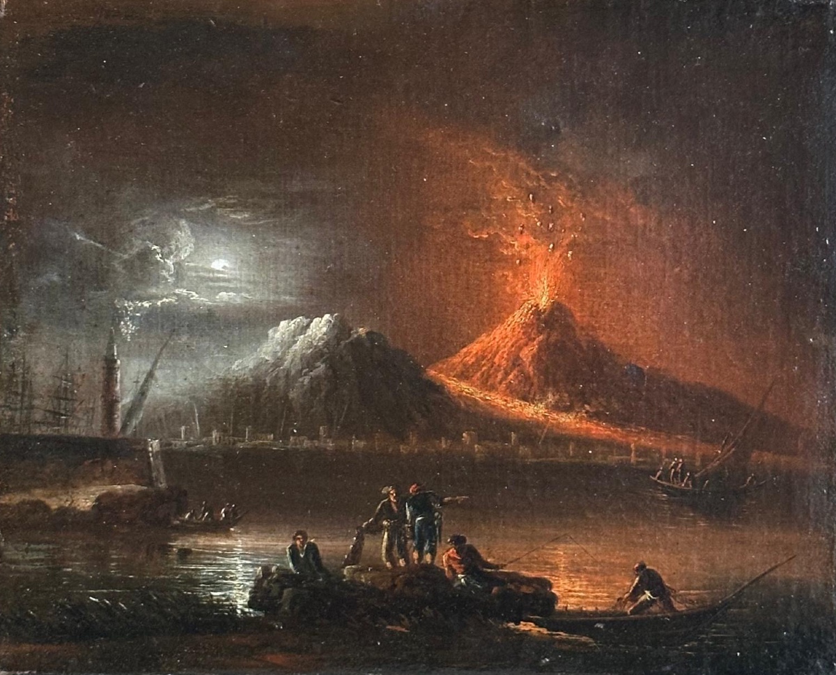 Veduta del Golfo di Napoli con eruzione notturna del Vesuvio, inizi XIX secolo, ambito Fidanza