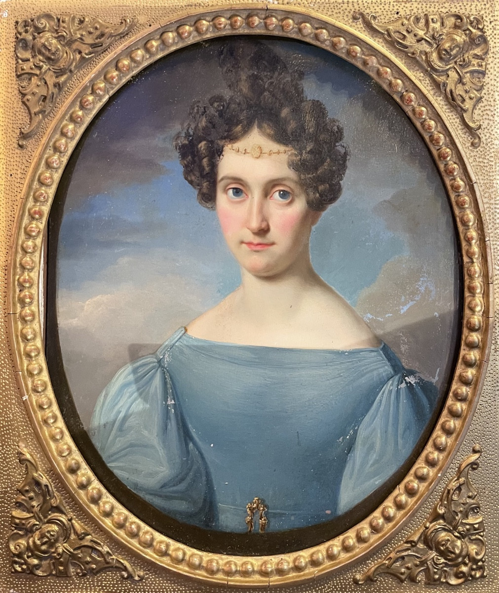 Ritratto di dama con ferronnière e abito azzurro. Scuola austriaca o nord italiana, ca. 1830  