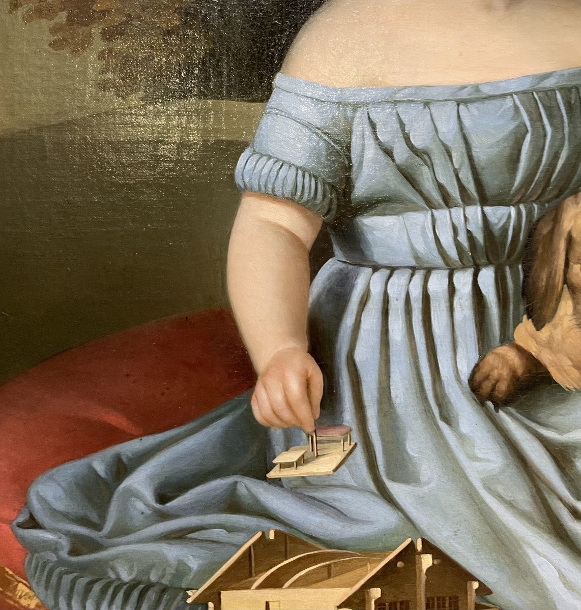 Ritratto di bambina con cane e modellino di casa tirolese, Nord Italia o Austria 1835-photo-3