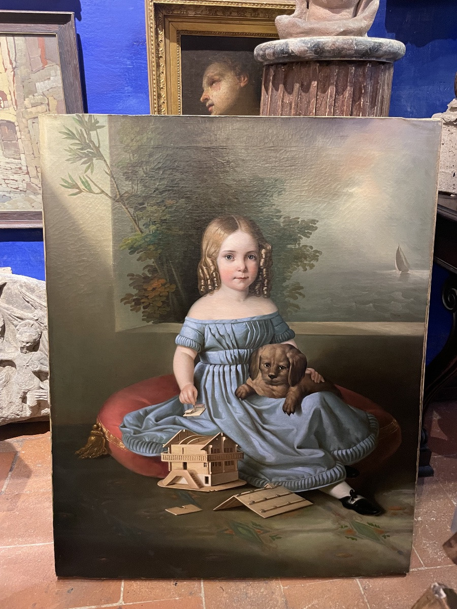 Ritratto di bambina con cane e modellino di casa tirolese, Nord Italia o Austria 1835-photo-1