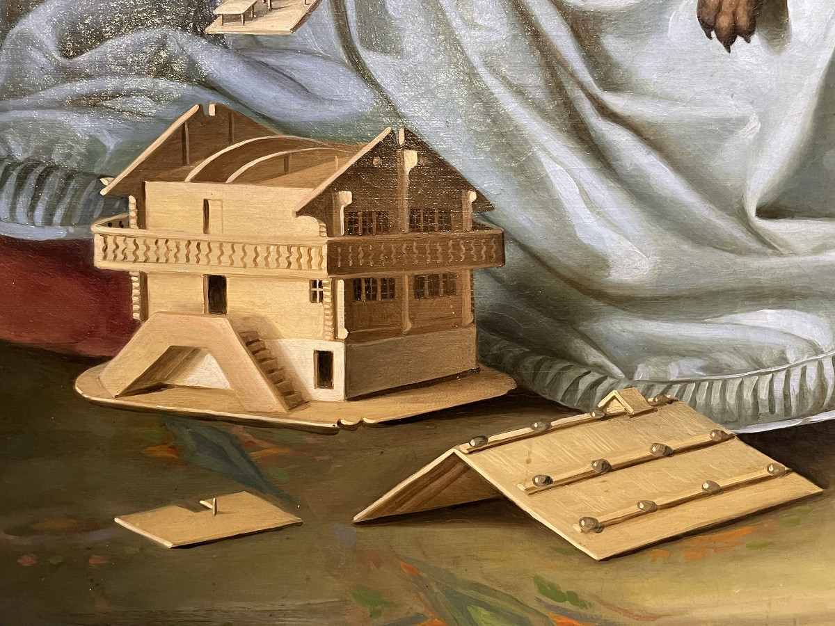 Ritratto di bambina con cane e modellino di casa tirolese, Nord Italia o Austria 1835-photo-3