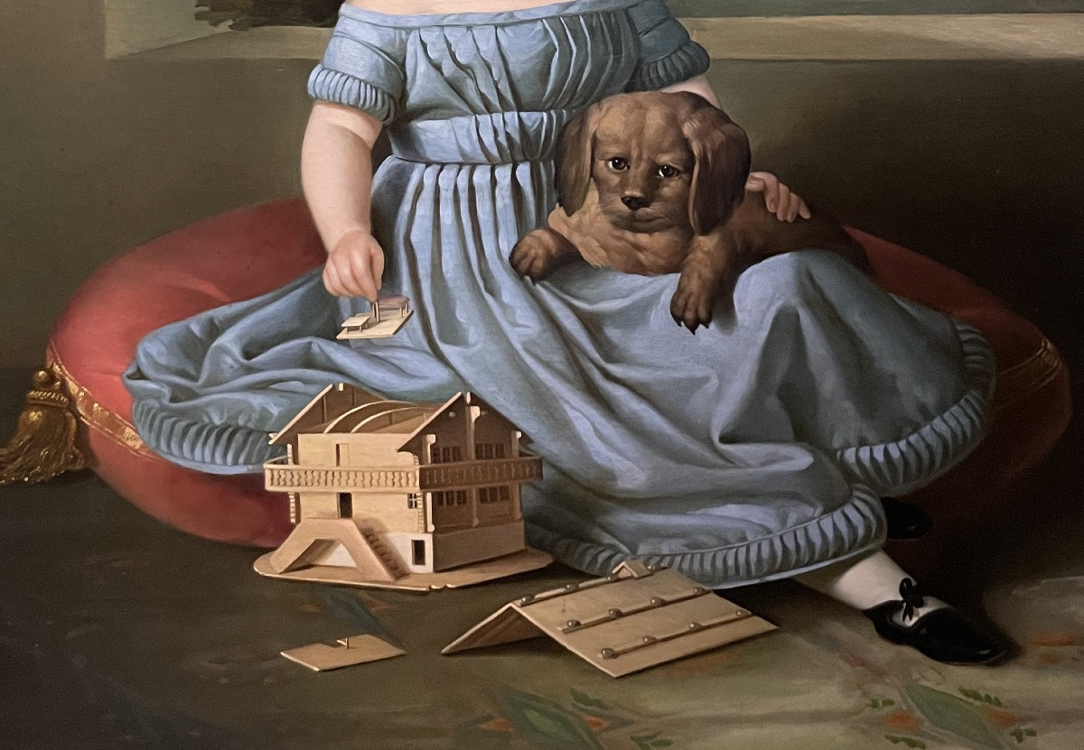 Ritratto di bambina con cane e modellino di casa tirolese, Nord Italia o Austria 1835-photo-6