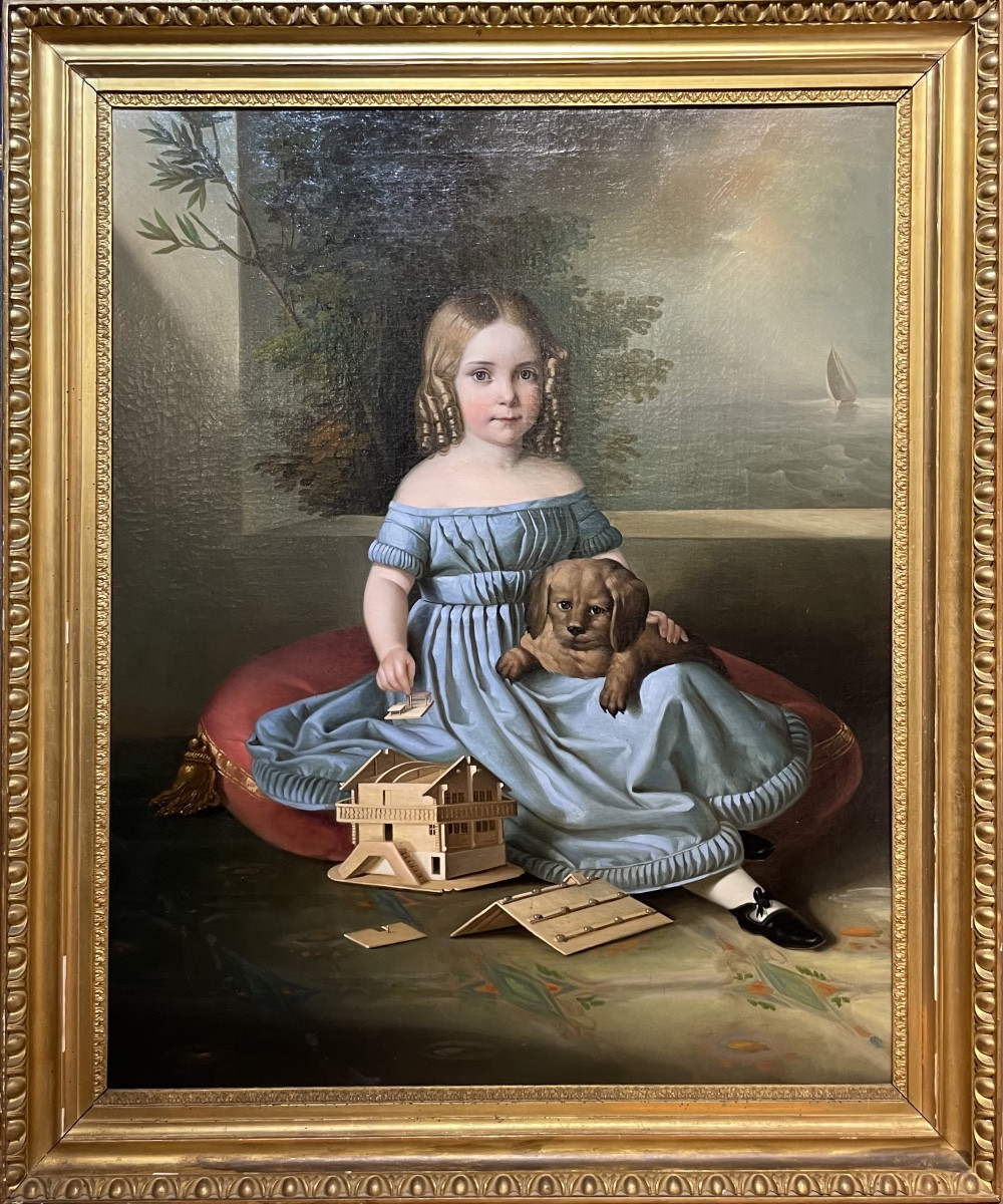Ritratto di bambina con cane e modellino di casa tirolese, Nord Italia o Austria 1835