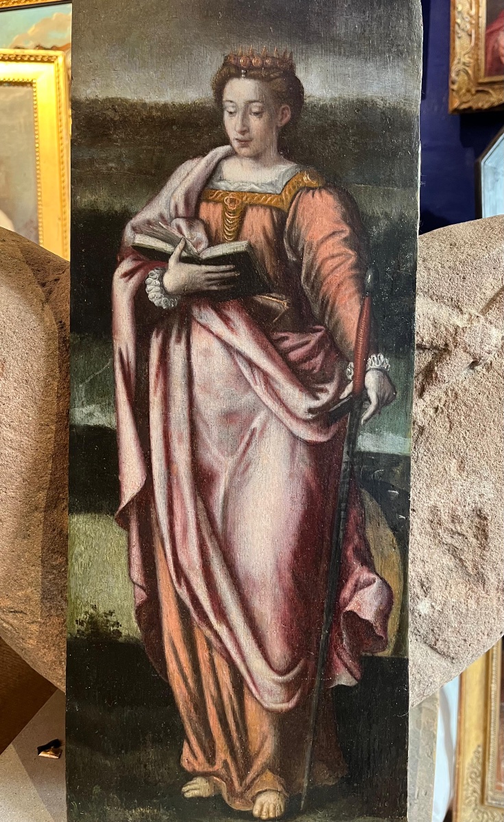 Santa Caterina e San Giovanni, due ante di polittico, scuola fiamminga, XVI secolo-photo-2