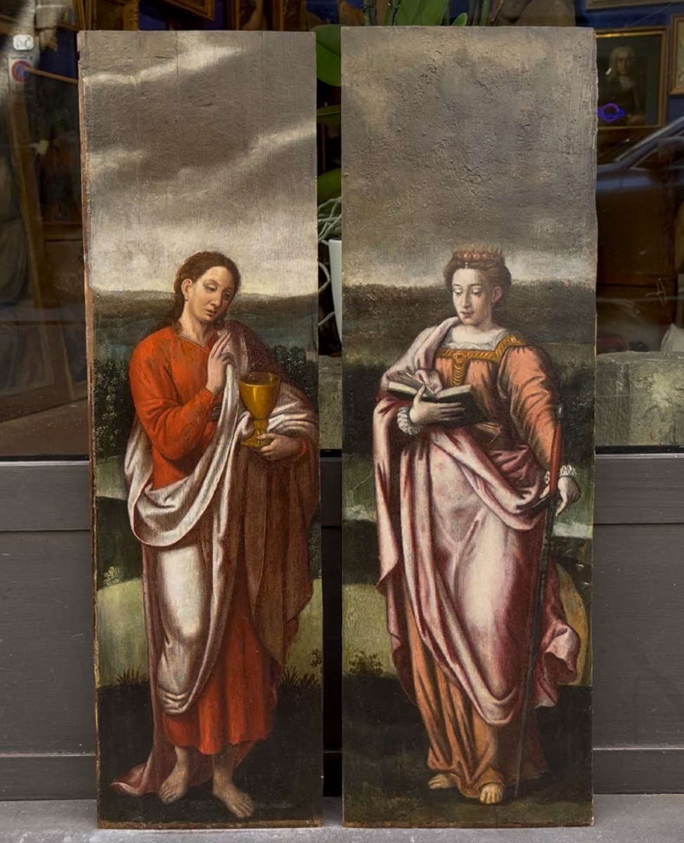 Santa Caterina e San Giovanni, due ante di polittico, scuola fiamminga, XVI secolo