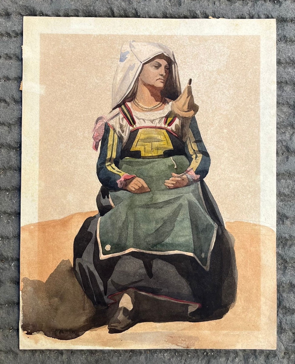 Donna italiana in costume della Ciociaria o d’Abruzzo, con fuso, XIX secolo  Acquerello -photo-6