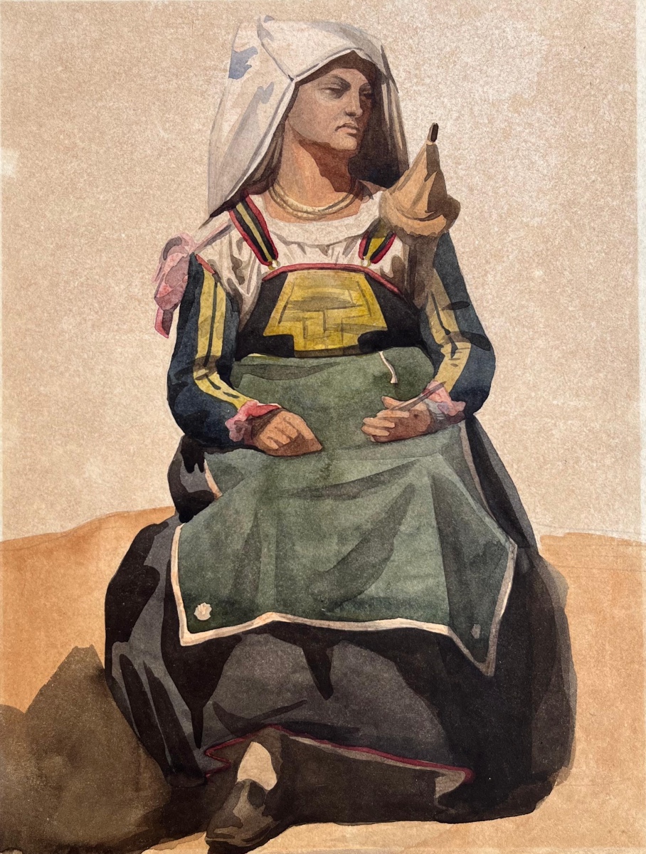 Donna italiana in costume della Ciociaria o d’Abruzzo, con fuso, XIX secolo  Acquerello 