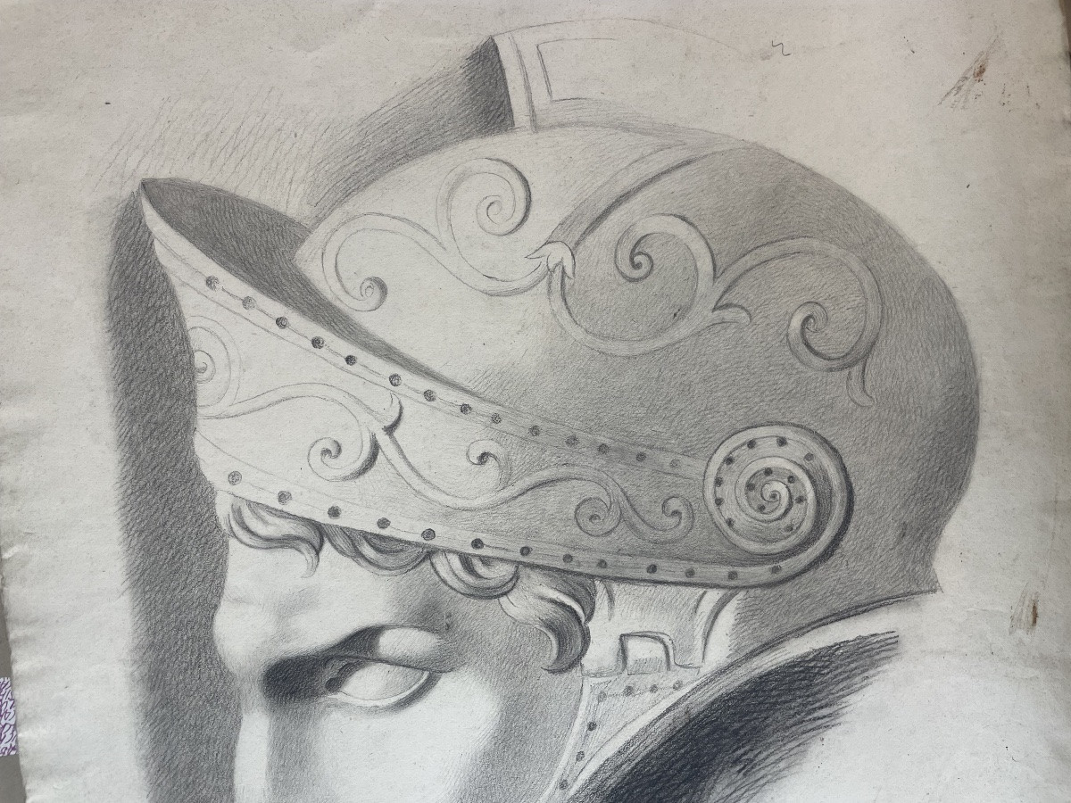 Testa di guerriero con elmo, studio accademico, XIX secolo, 57 × 43 cm-photo-1