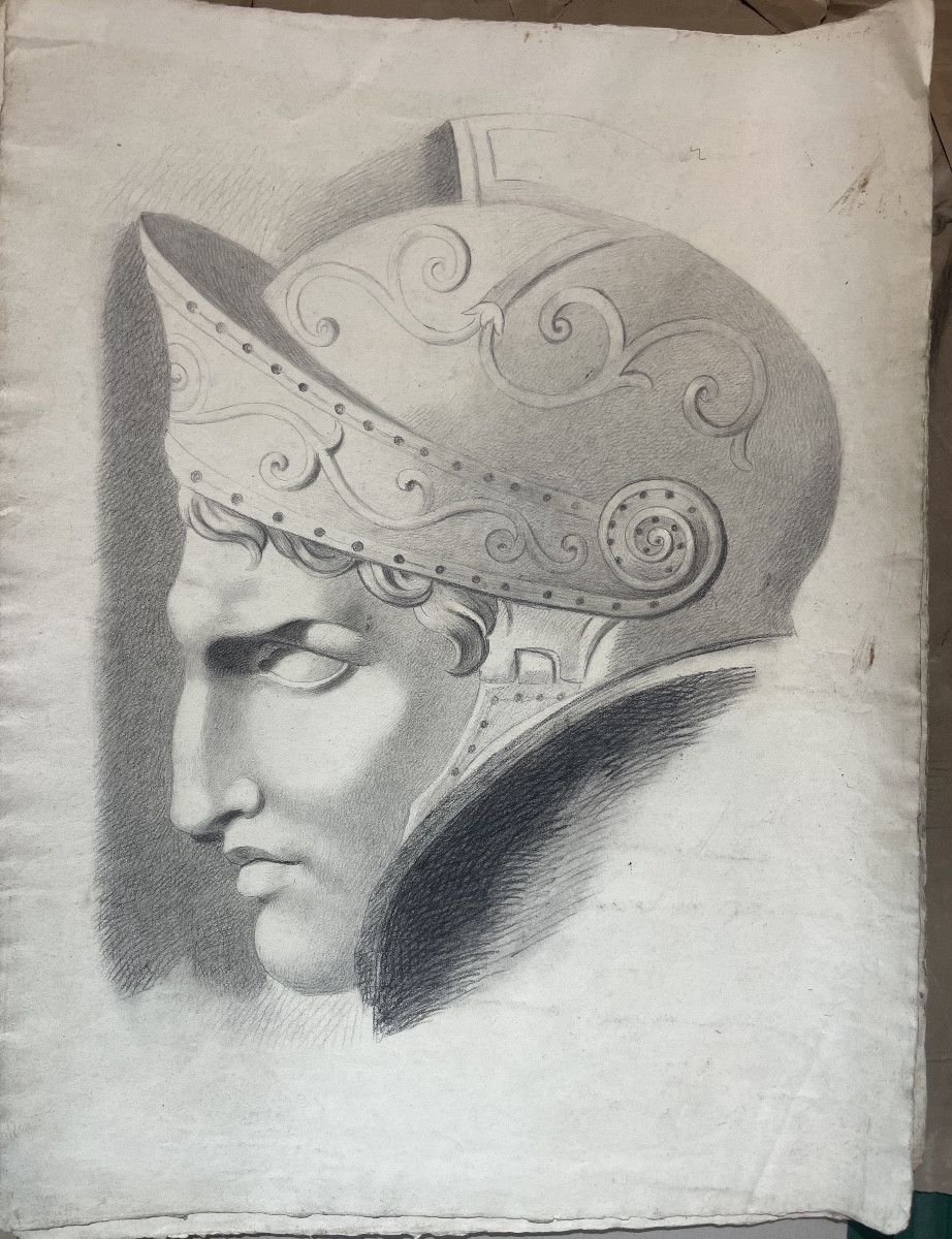 Testa di guerriero con elmo, studio accademico, XIX secolo, 57 × 43 cm-photo-4