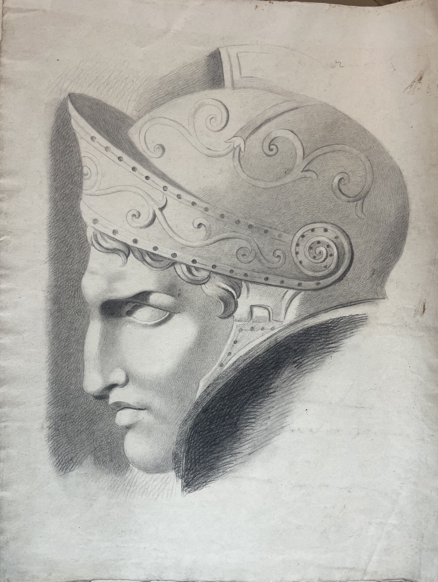 Testa di guerriero con elmo, studio accademico, XIX secolo, 57 × 43 cm