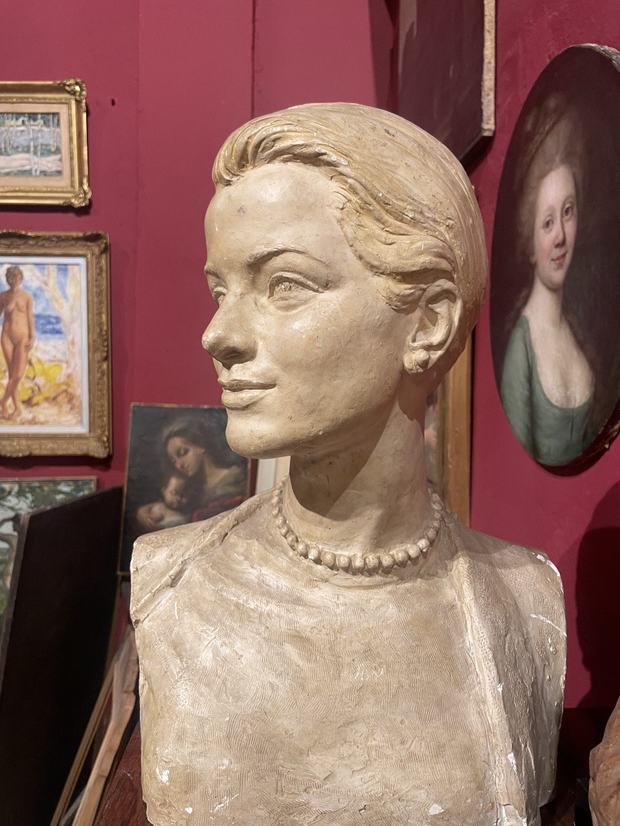 Busto In Gesso Di Grace Kelly, Louis Botinelly, Marsiglia, Art Déco, circa 1957 -photo-4