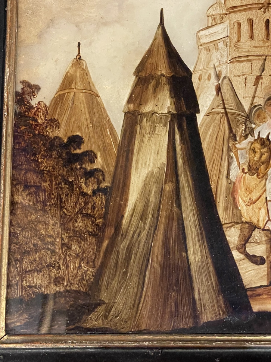 Dipinto sottovetro con scena di assedio e accampamento militare, XVIII secolo, Venezia (?)-photo-2