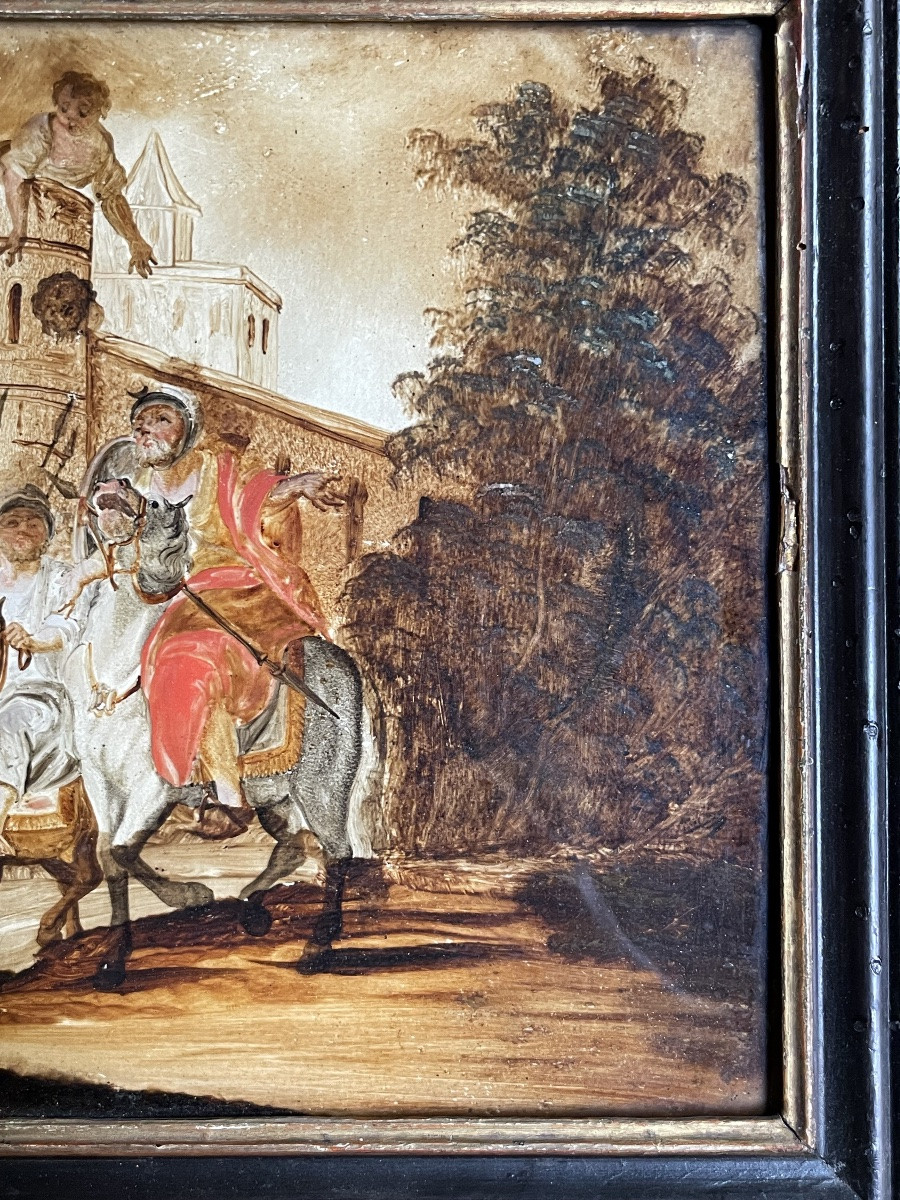 Dipinto sottovetro con scena di assedio e accampamento militare, XVIII secolo, Venezia (?)-photo-4
