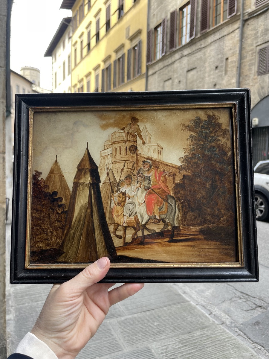 Dipinto sottovetro con scena di assedio e accampamento militare, XVIII secolo, Venezia (?)-photo-5