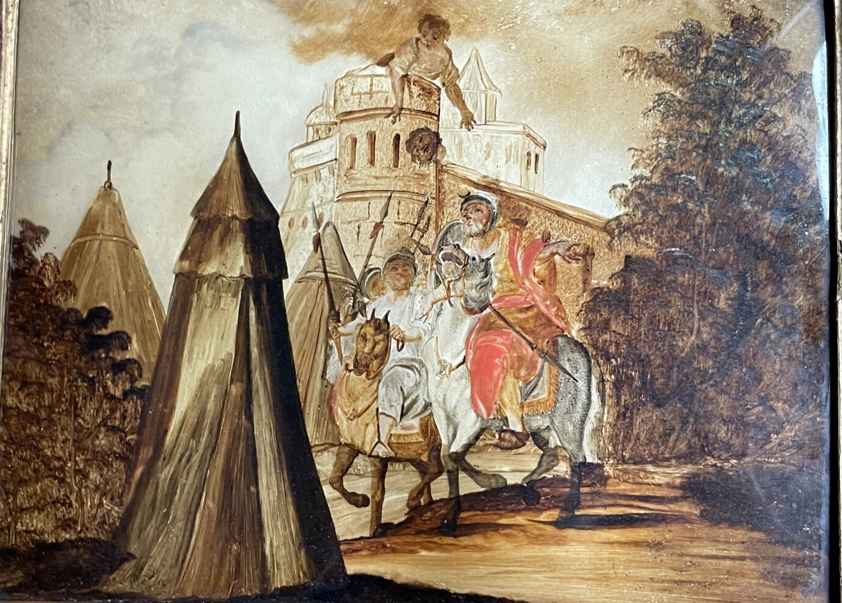 Dipinto sottovetro con scena di assedio e accampamento militare, XVIII secolo, Venezia (?)