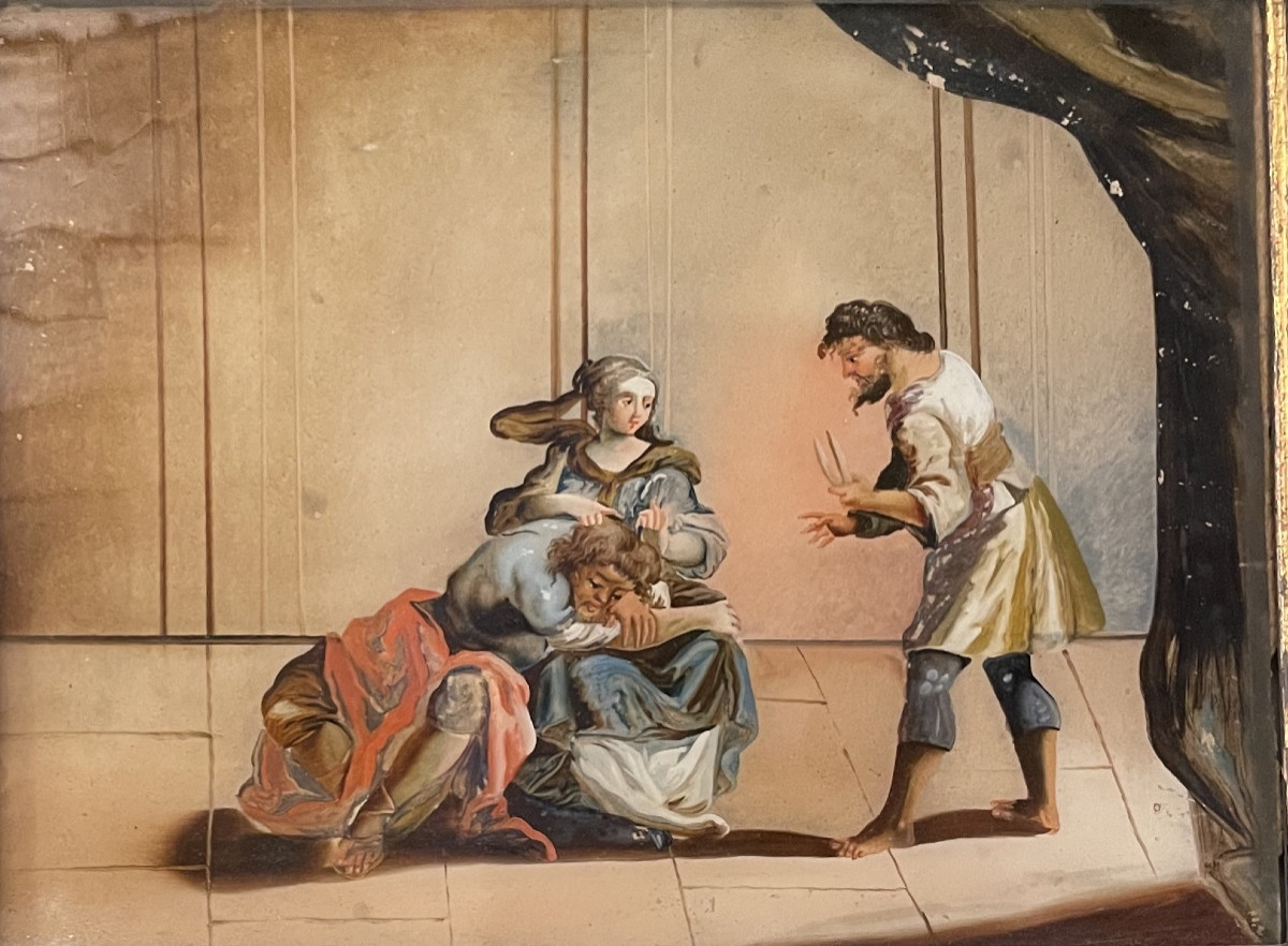Dipinto sottovetro raffigurante Sansone e Dalila, XVIII secolo, Venezia (?) 